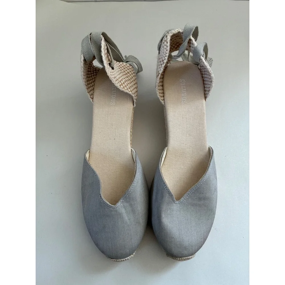 Soludos Womens Tall Wedge Espadrille Grey Canvas Ankle Tie Sandals 10